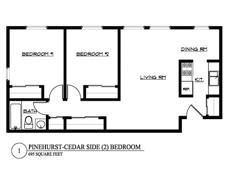 Floor plan for 2 beds, 1 bath, 740 sqft